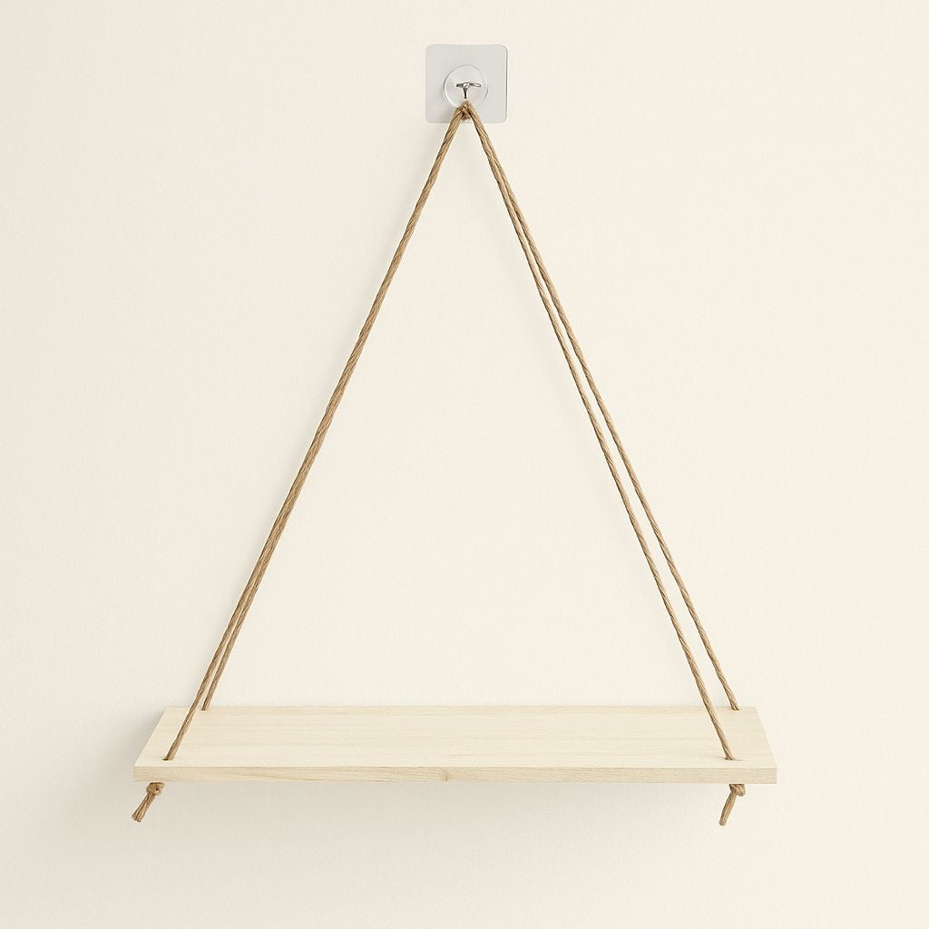 Wooden swing shelf with rope hanging design offering natural wall storage solution for home decor