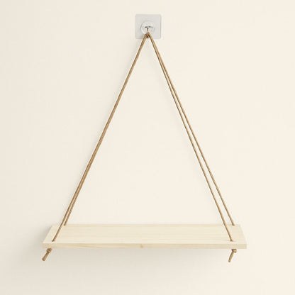 Wooden swing shelf with rope hanging design offering natural wall storage solution for home decor