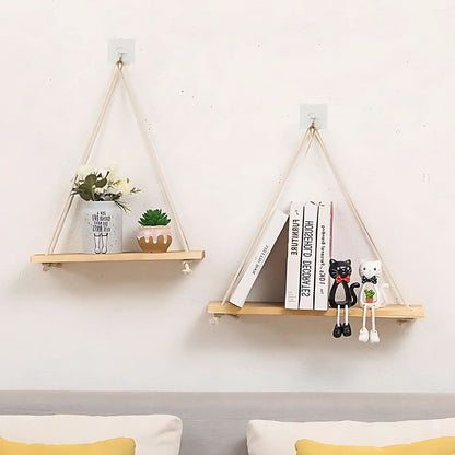  Rope hanging shelf crafted from natural wood for wall display and minimalist home storage