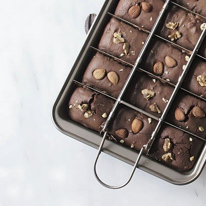 Close-up of carbon steel brownie pan with Teflon nonstick coating for even baking and easy cleanup
