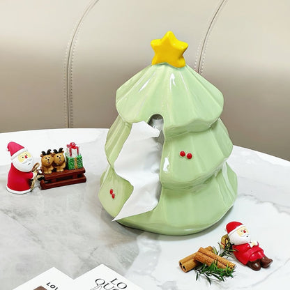  Ceramic tissue box shaped like Christmas tree with star topper and glossy green finish