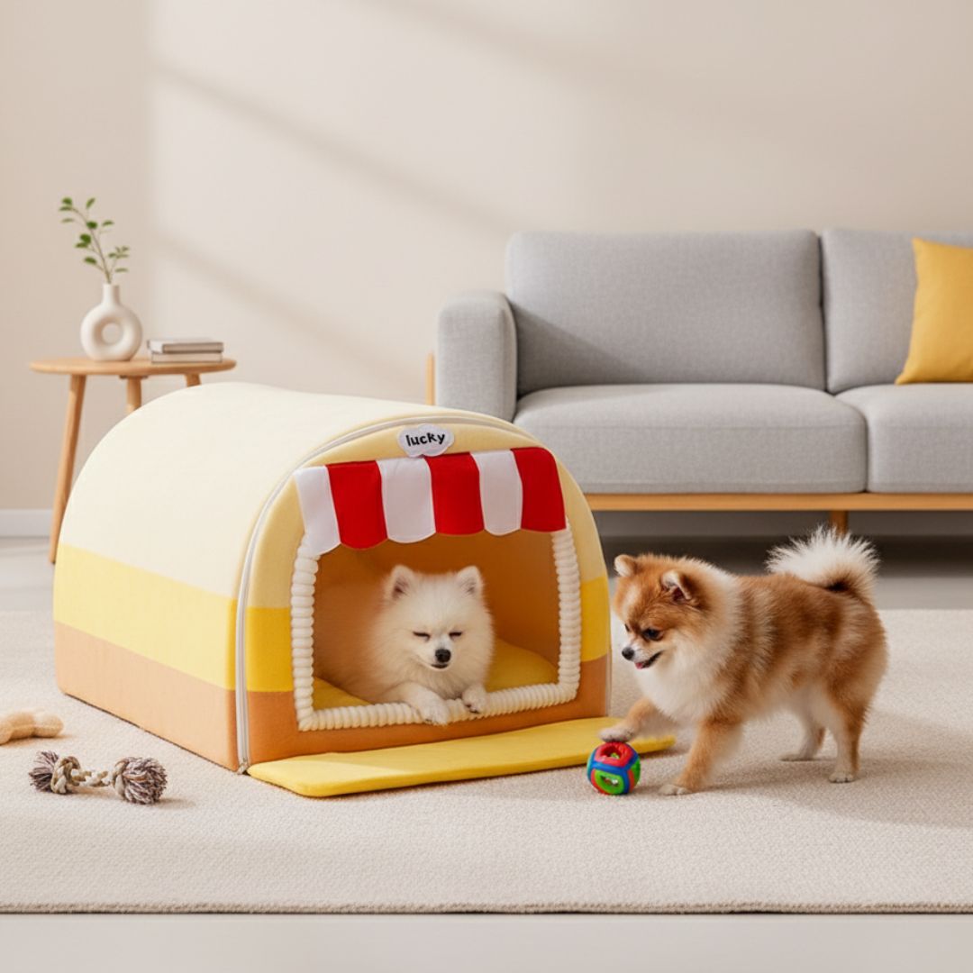 Enclosed cat cave with curved roof and plush interior for secure resting and sleeping