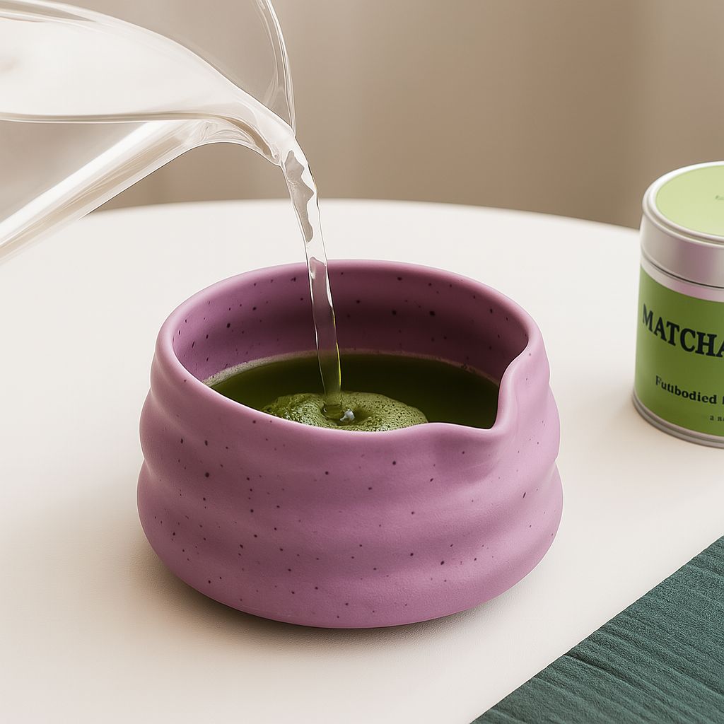 Hanaoki purple handcrafted ceramic bowl being filled with water and green matcha powder on a white surface.
