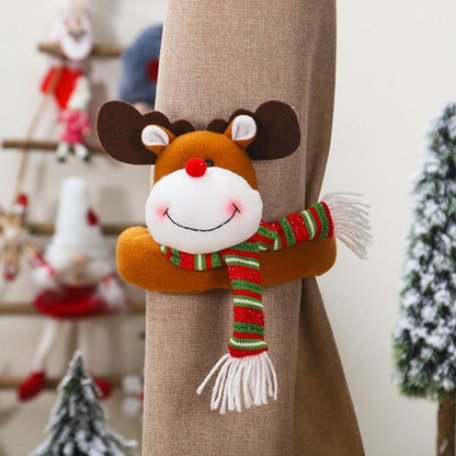 Plush holiday curtain holder with flexible legs and warm festive colors