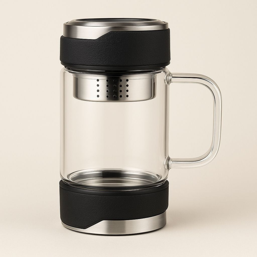 Borosilicate glass tea mug with stainless steel infuser and handle for brewing loose leaf tea at home