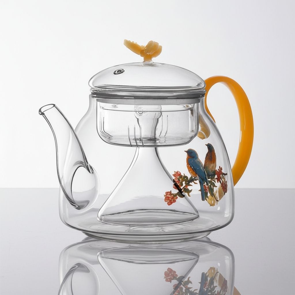 Clear glass teapot with mesh infuser basket for loose leaf tea brewing