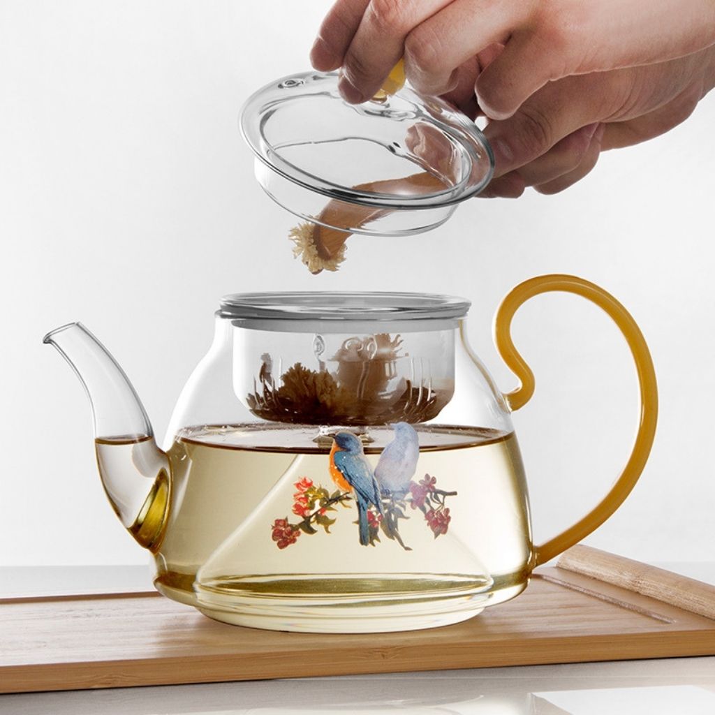 Removable fine mesh tea strainer with lid for glass teapot brewing