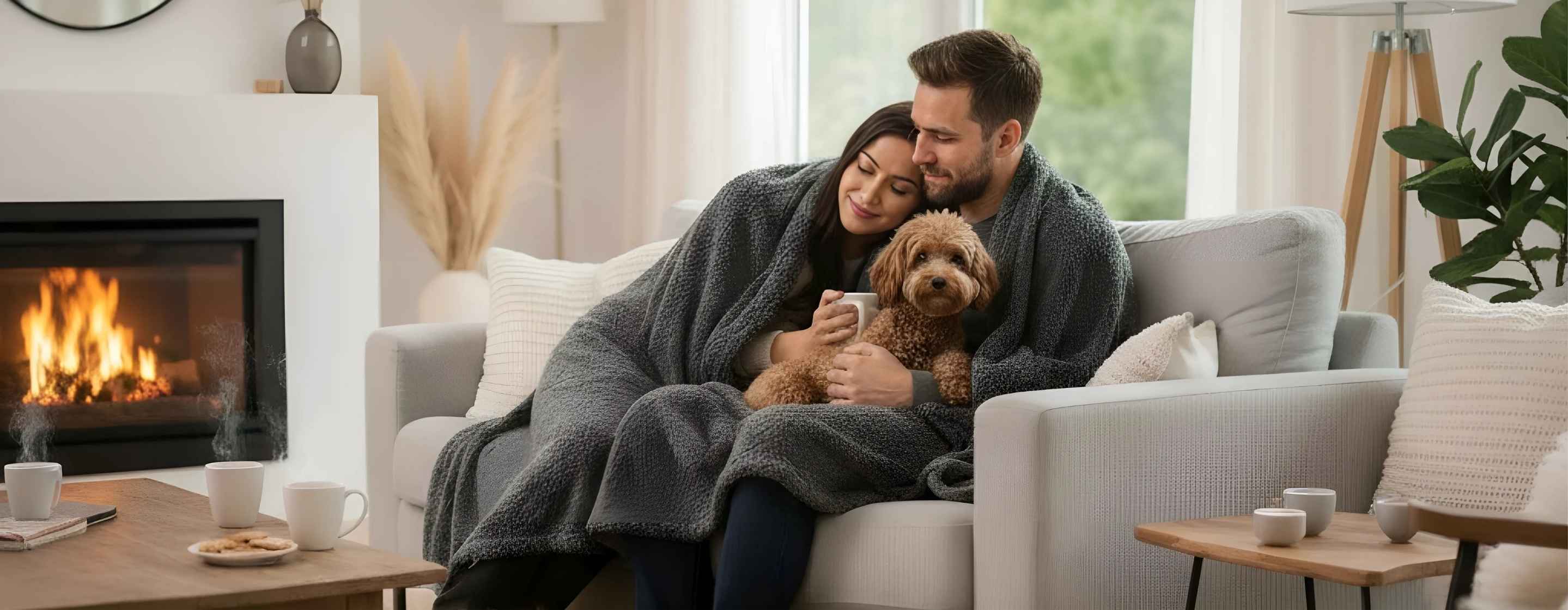 Couple cuddling with a waterproof blanket and dog in a cozy fall living room setting, featuring the Inovessa LoveGuard™ Blanket — ideal for autumn warmth and pet-friendly comfort.
