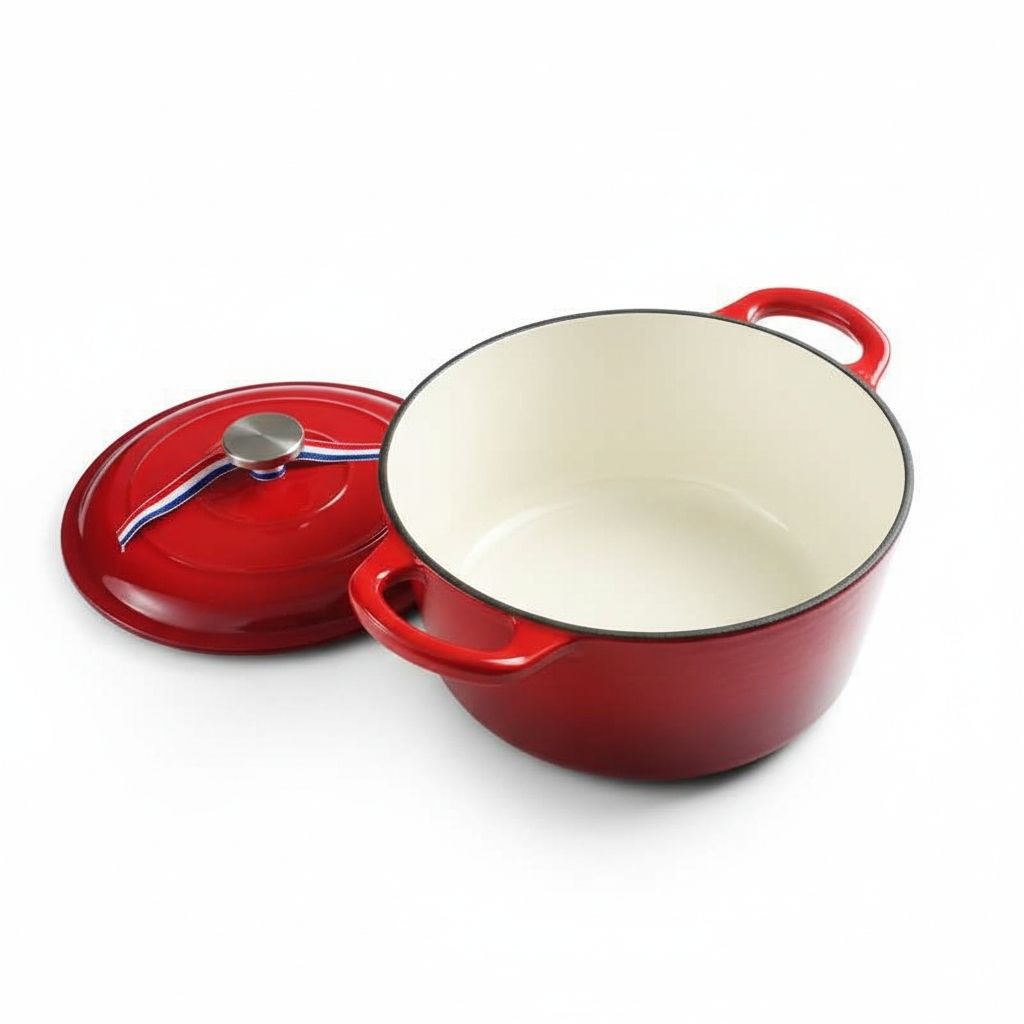 Cast iron enamel dutch oven featuring sturdy ergonomic handles designed for superior heat retention cooking