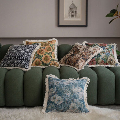 Jacquard geometric pillow with tassel trim in modern black white design for accent decor