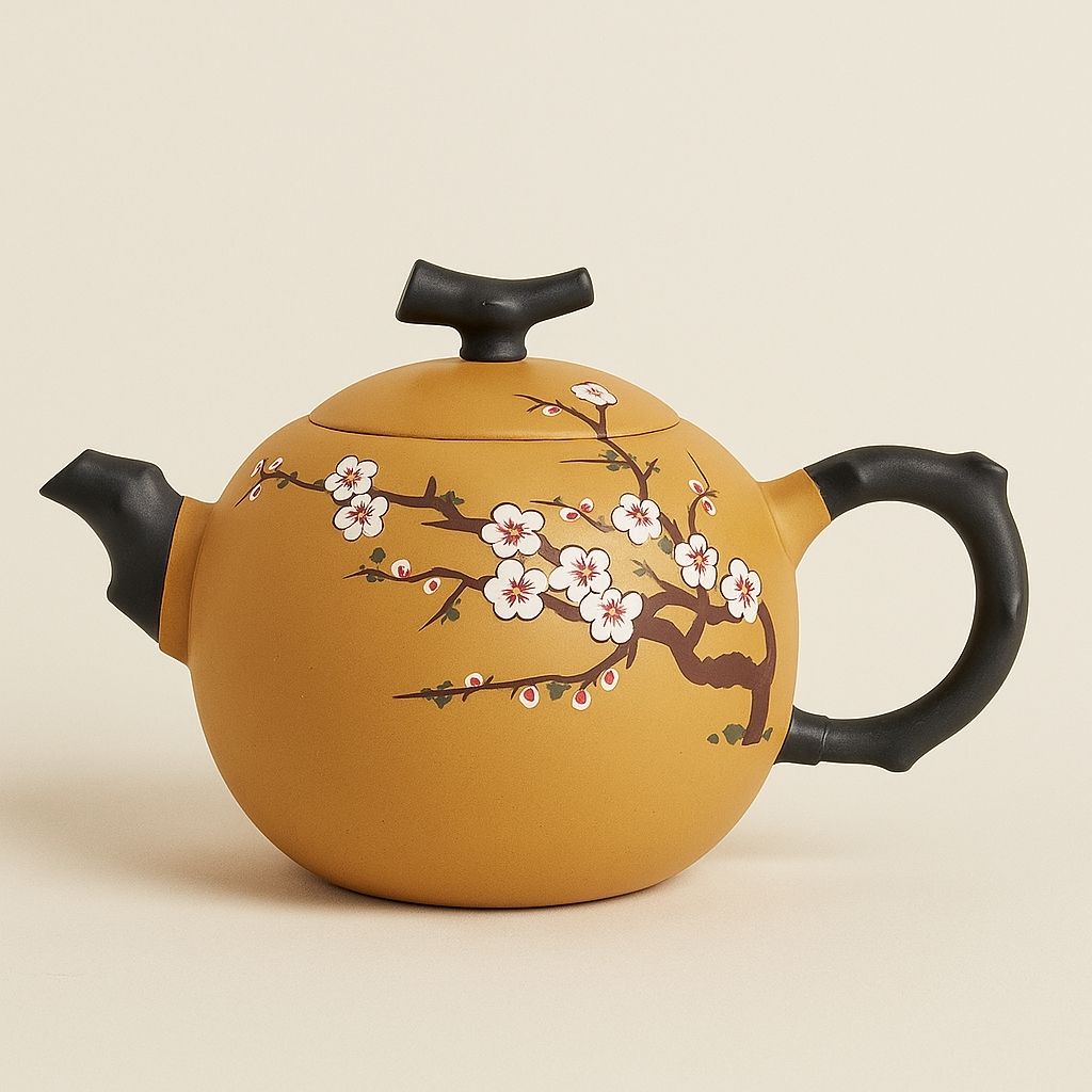 Purple sand clay teapot with hand carved plum blossom relief and curved spout