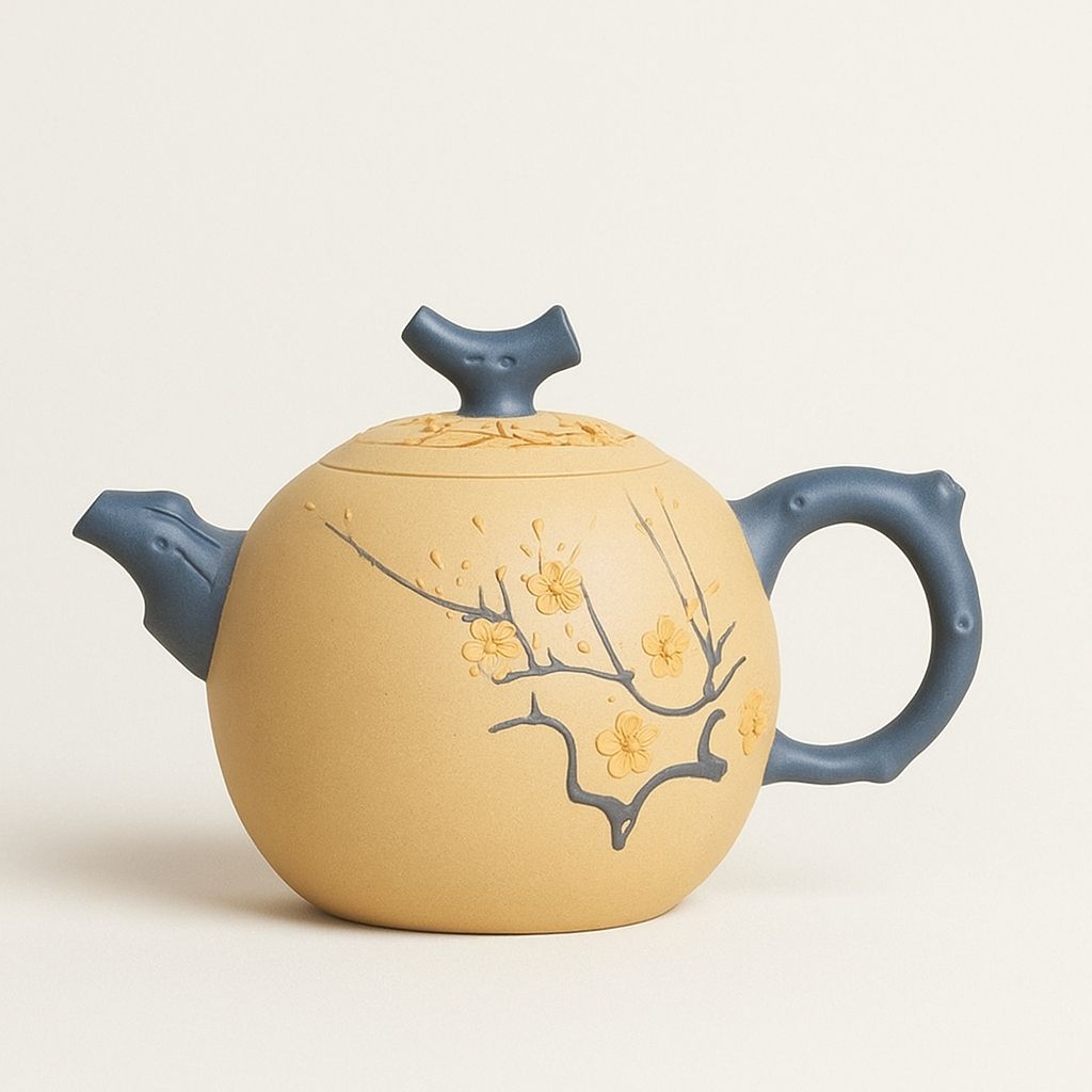 Handcrafted clay teapot showing ergonomic handle and natural purple sand texture