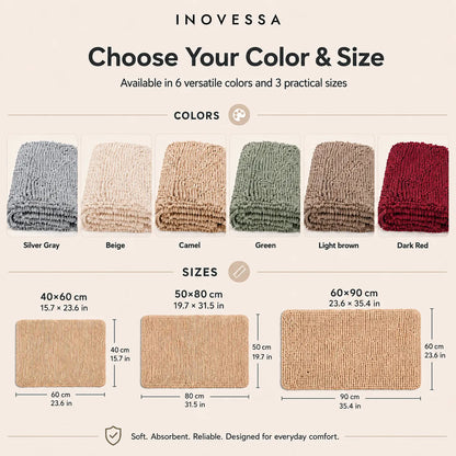 Inovessa product color and size chart with various fabric swatches and dimensions.