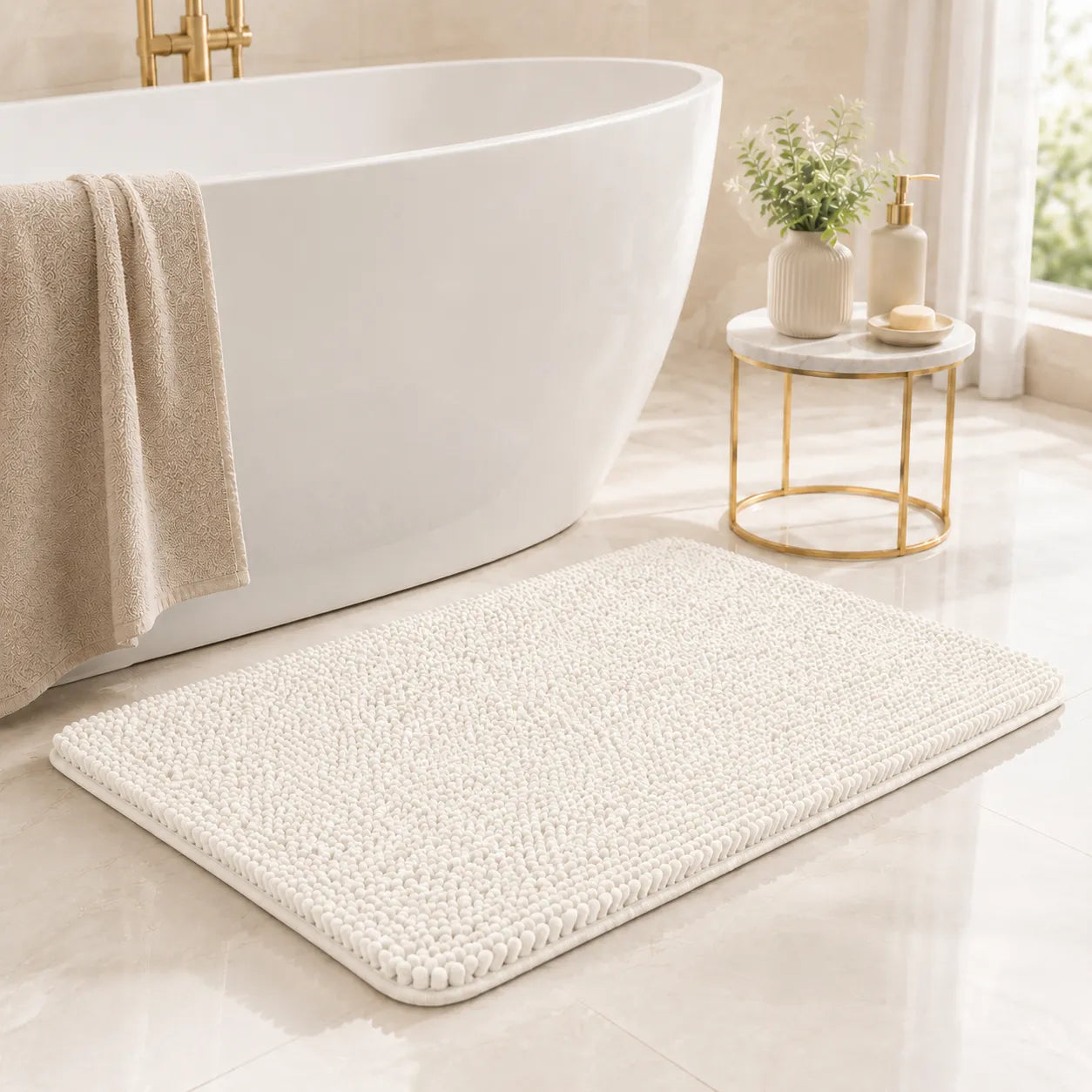 Beige bath mat in front of a white freestanding bathtub with a small table and decorative items.