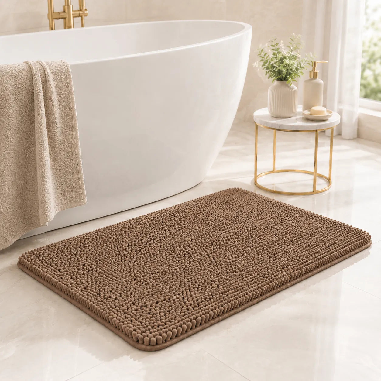 Brown bath mat in front of a white freestanding bathtub with a towel and small table in a bathroom.