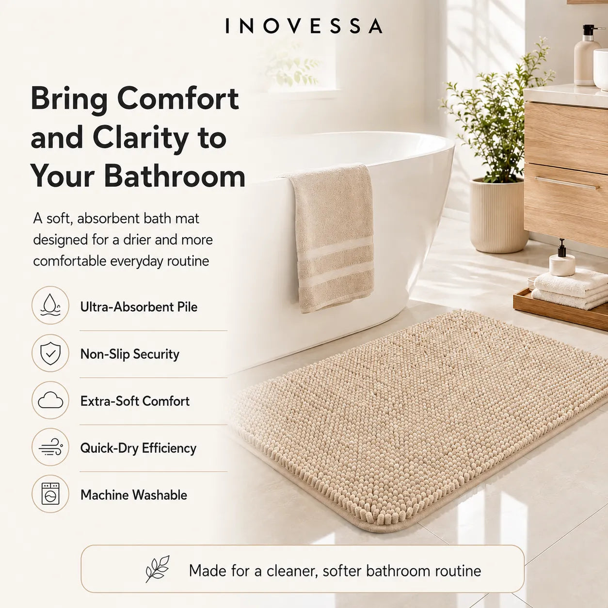 Bath mat with Inovessa branding and product features in a bathroom setting
