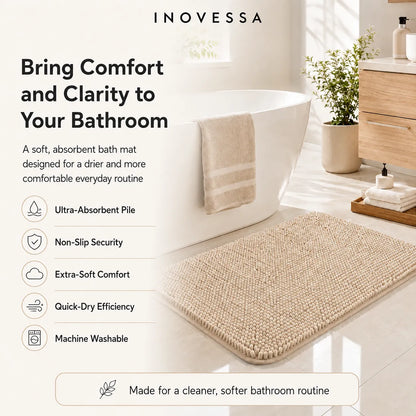 Bath mat with Inovessa branding and product features in a bathroom setting