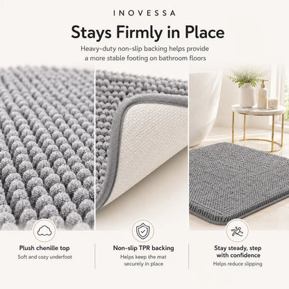 Gray bath mat with text highlighting features on a white background