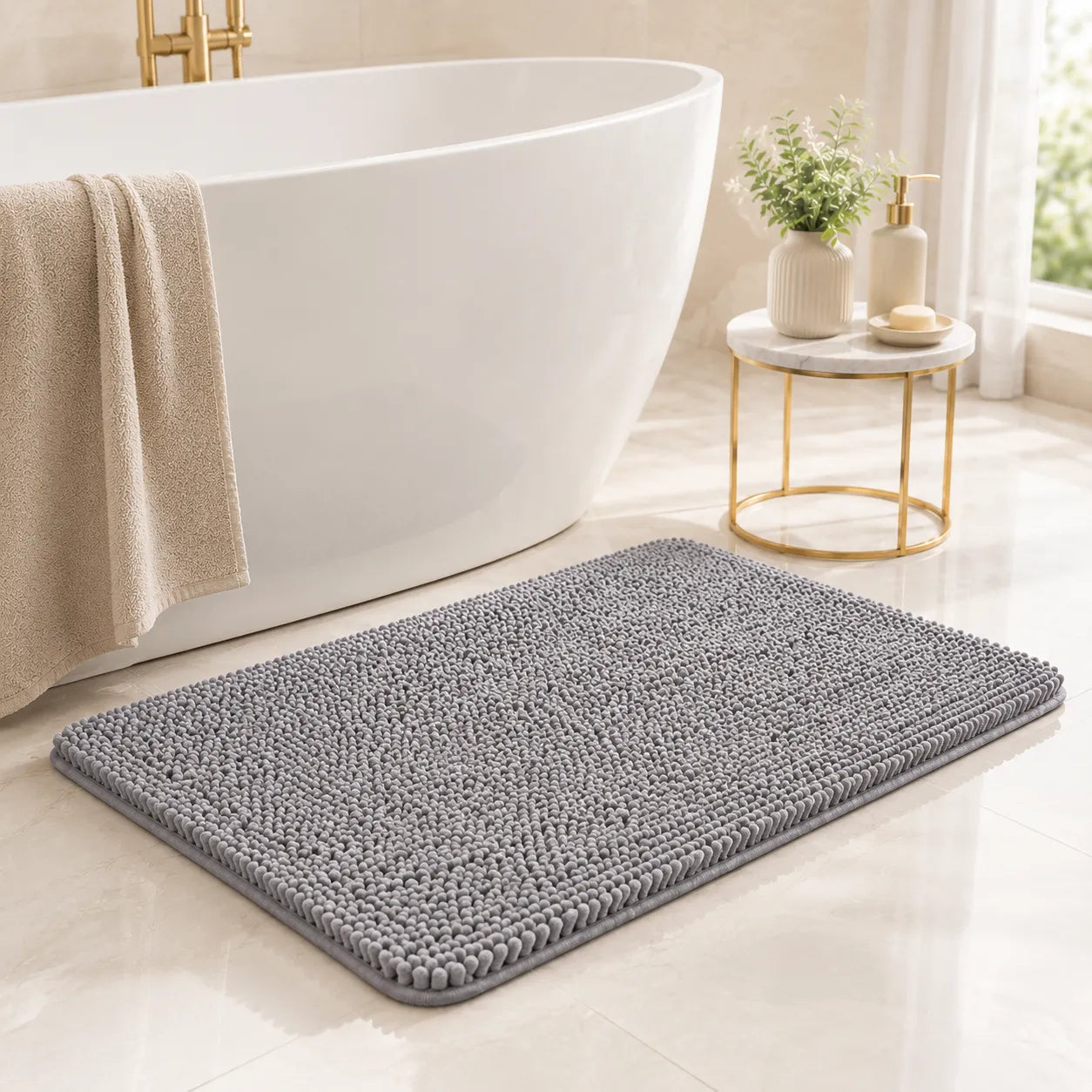 Gray bath mat in front of a white bathtub with a small table and plants in the background.