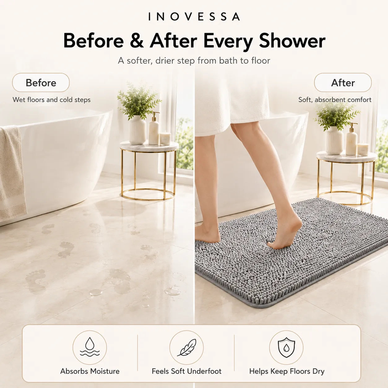 Before and after comparison of a bathroom with INOVESSA bath mat showing comfort and absorbency benefits.