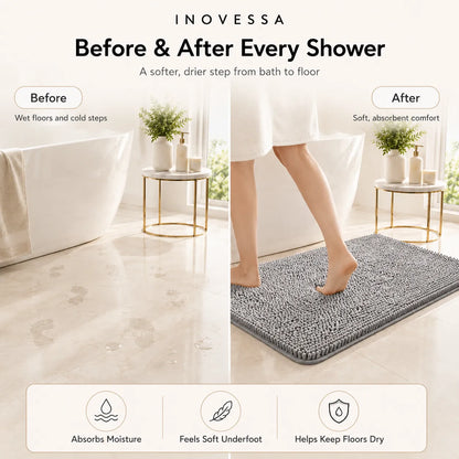 Before and after comparison of a bathroom with INOVESSA bath mat showing comfort and absorbency benefits.