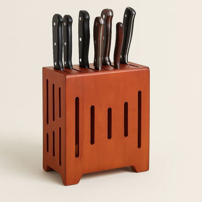 Wooden knife holder crafted from rubber wood with ventilated slots for kitchen knife storage and organization