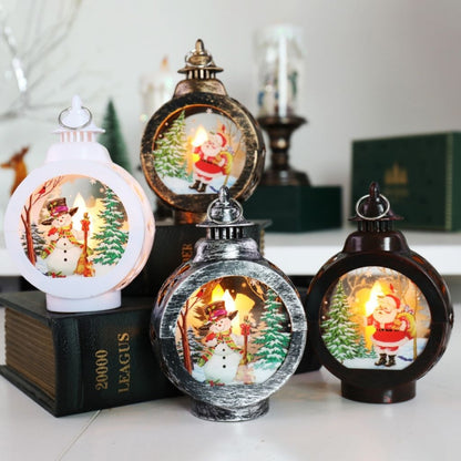 Christmas LED lantern with battery operated light illuminating holiday scene inside