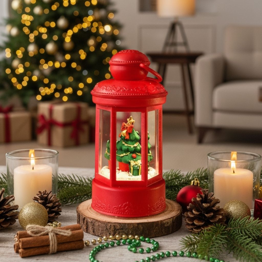 Compact holiday lantern with glowing Christmas scene for tabletop display