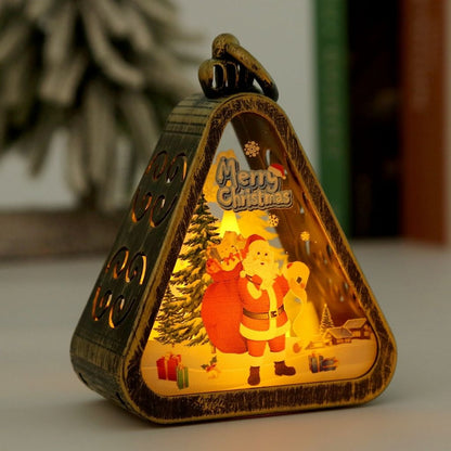 Triangle shaped lantern with transparent glass sides and metal structure