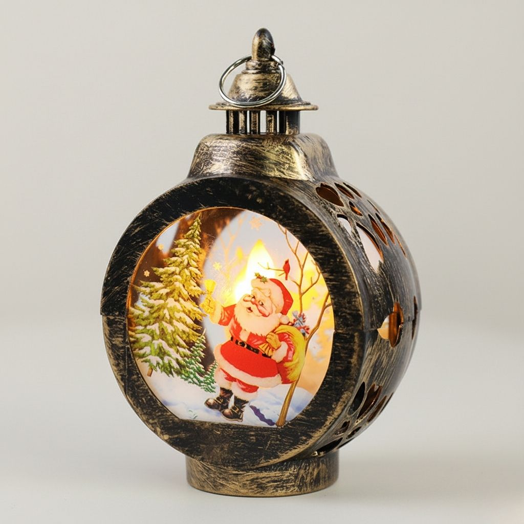 LED holiday lantern with festive winter scene and warm glow on white surface