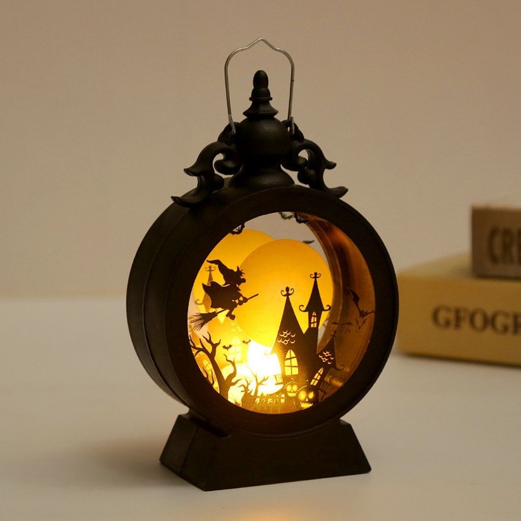 Halloween lantern creating warm glow on table, perfect for mantel windowsill and party decoration displays