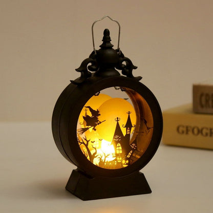 Halloween lantern creating warm glow on table, perfect for mantel windowsill and party decoration displays