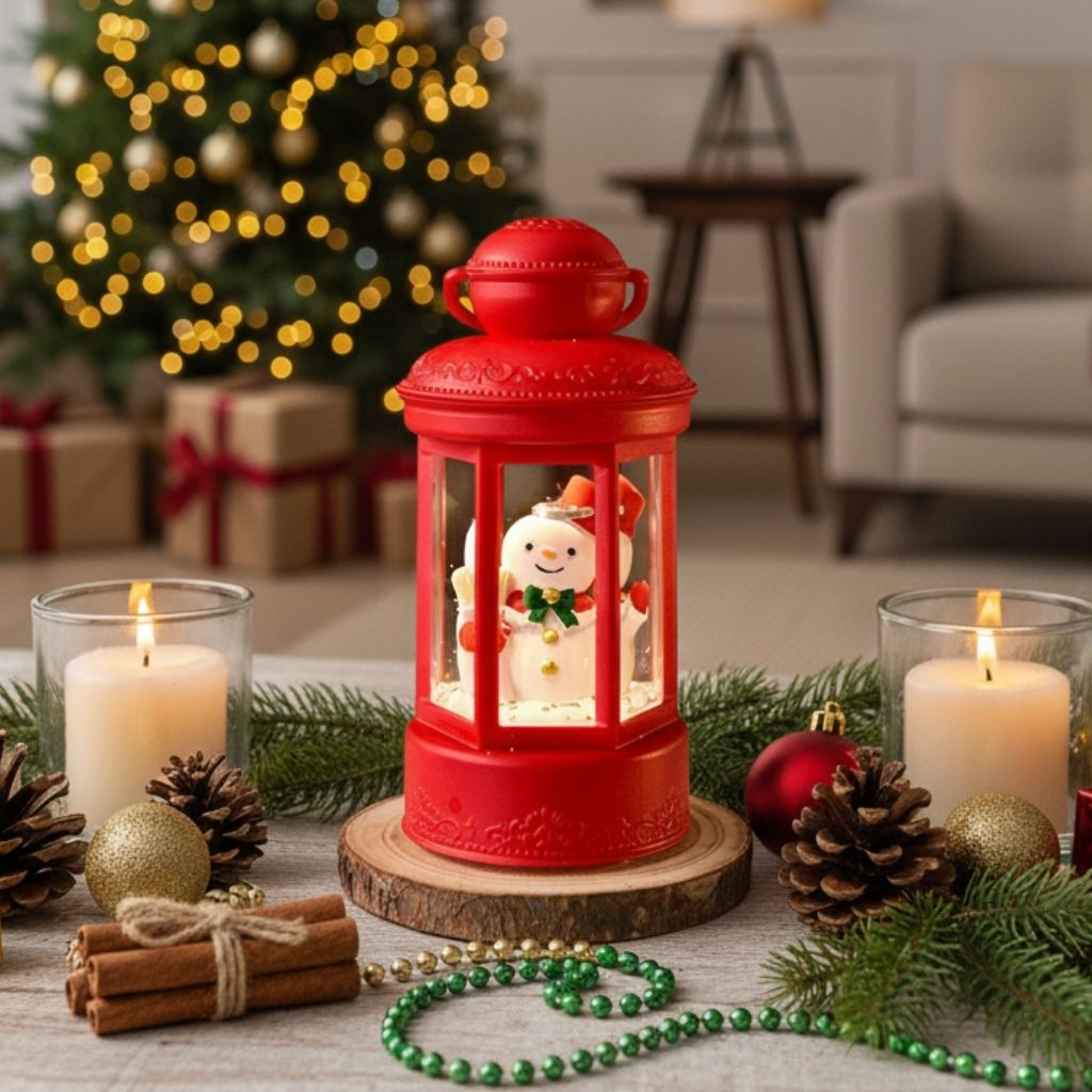 Illuminated Christmas lantern featuring festive scene in durable resin material