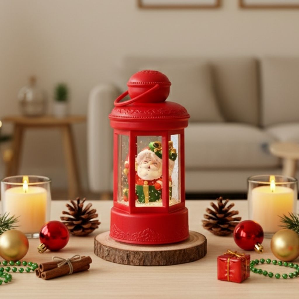 Festive lantern light with Christmas display for compact tabletop holiday décor