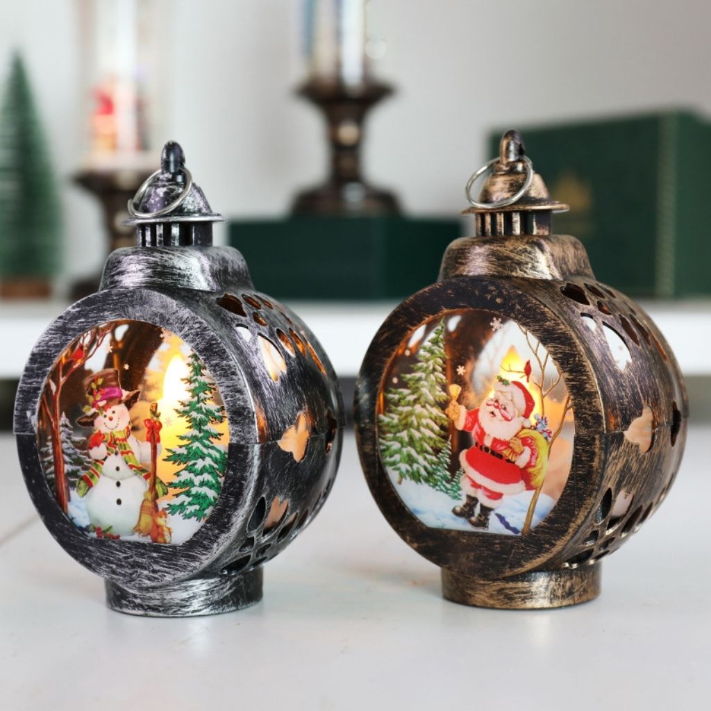 Festive LED lantern with built in Christmas scene for mantel or desk display