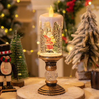 Standing LED lantern with pedestal base and glitter filled winter scene chamber