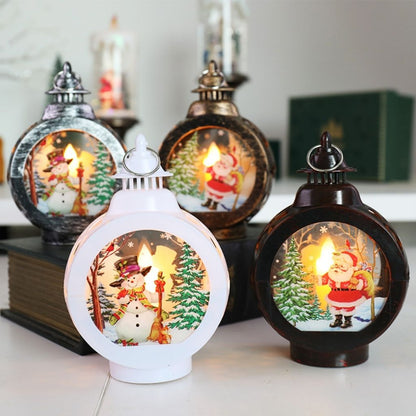 Holiday tabletop lantern casting warm LED glow through festive winter scene frame