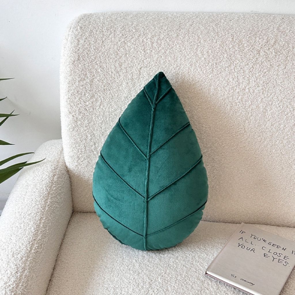 Soft leaf shaped pillow with raised botanical vein pattern decorative green home decor accent