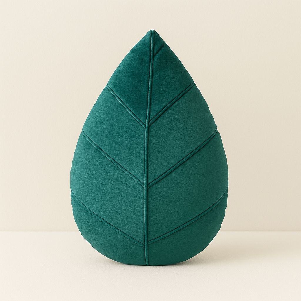 Green leaf shaped decorative throw pillow with raised vein details for sofa and bedroom decor