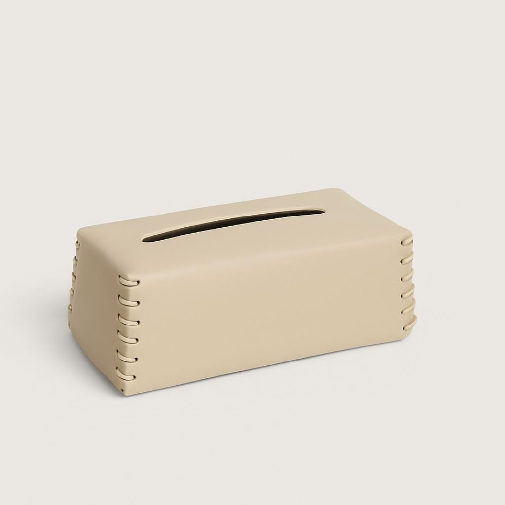Premium leather tissue box cover with hand-stitched details for elegant desk and home organization