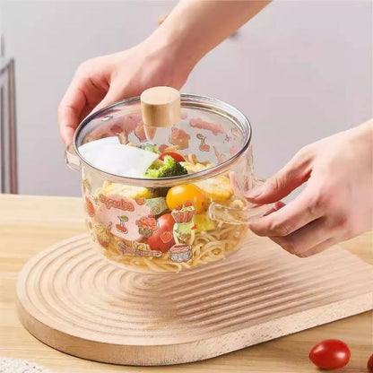 Transparent glass pot with double ear handles and heat resistant construction