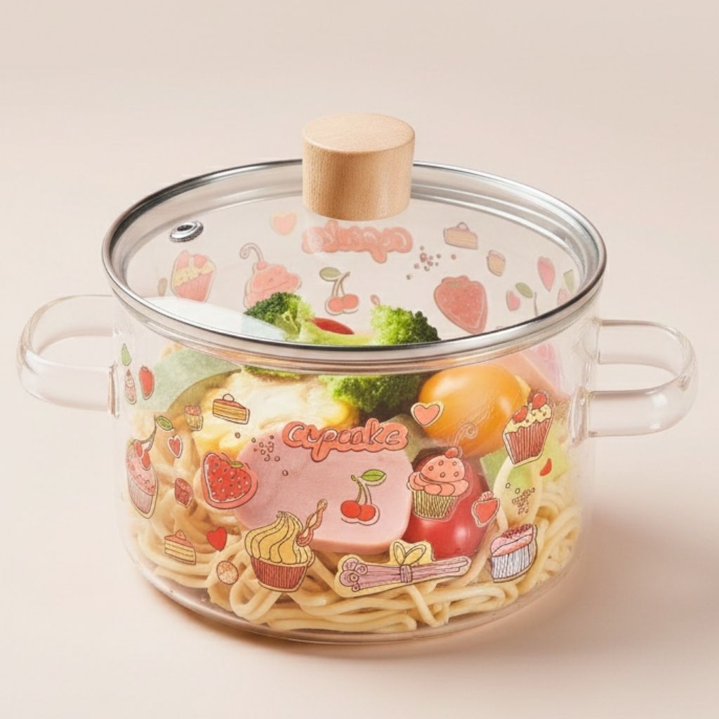 Glass soup pot with tempered lid and double ear handles on white background