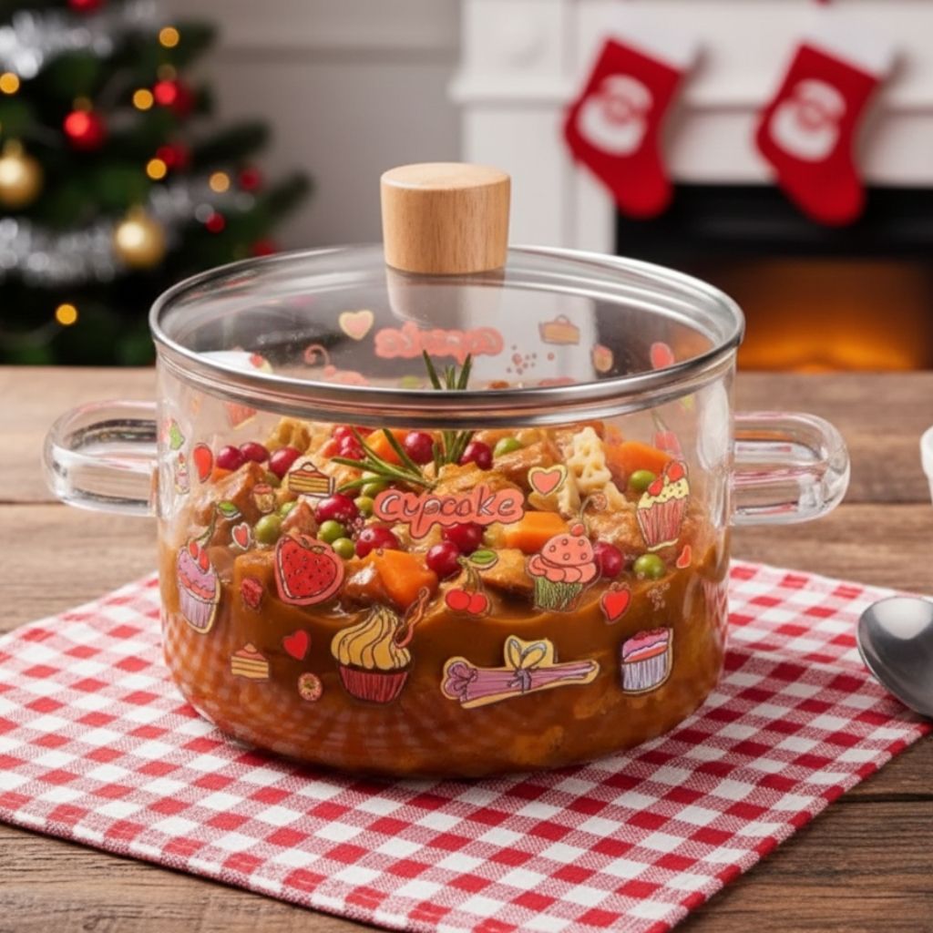 Clear glass cooking pot with cupcake pattern and fitted tempered lid