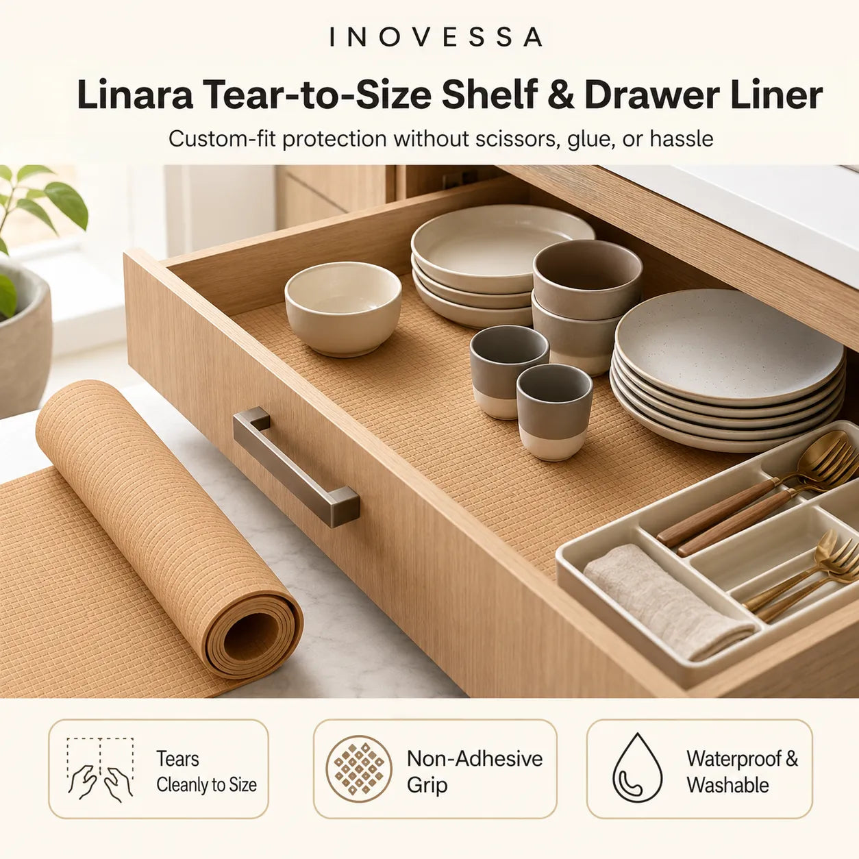 Inovessa Linara Tear-to-Size Shelf & Drawer Liner shown installed inside an open wooden drawer with dishes, alongside a rolled-up liner on a light surface. Text at the top describes the custom-fit protection, and feature icons appear along the bottom.