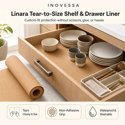 Inovessa Linara Tear-to-Size Shelf & Drawer Liner shown installed inside an open wooden drawer with dishes, alongside a rolled-up liner on a light surface. Text at the top describes the custom-fit protection, and feature icons appear along the bottom.