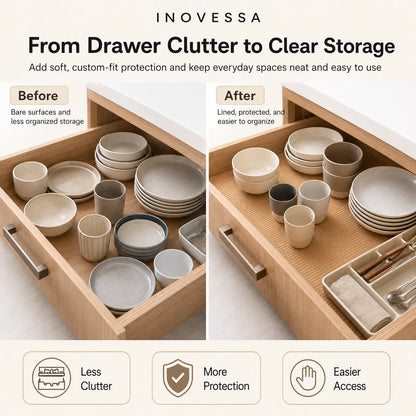 Inovessa drawer organization comparison showing a wooden drawer with dishes in both 'Before' and 'After' states. The left 'Before' section shows bare surfaces and cluttered storage, while the right 'After' section shows the same drawer lined and organized with matching beige ceramic dishes and utensils.