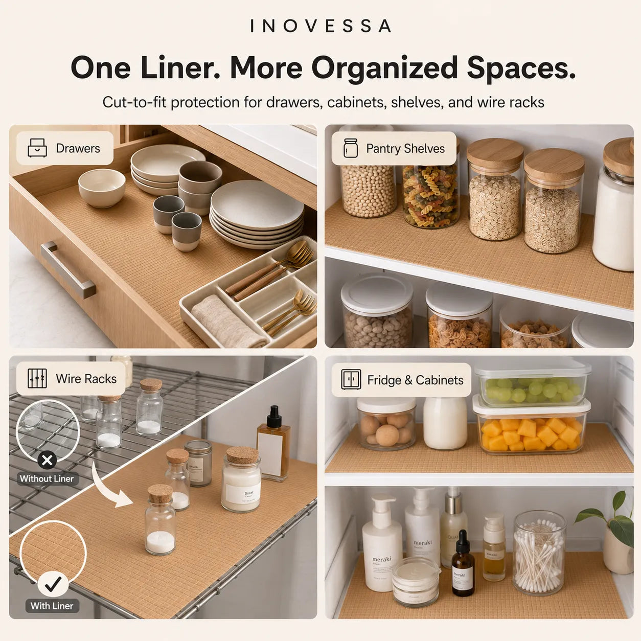 Inovessa one liner organizer mat shown in multiple home storage scenarios including drawers, pantry shelves, wire racks, and fridges. The image features a clean 2x2 grid with a main hero image of a drawer and three comparison panels showing the mat in use.