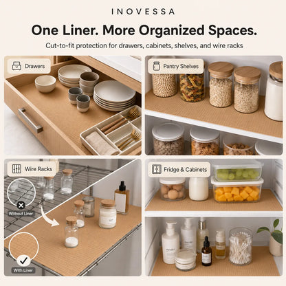 Inovessa one liner organizer mat shown in multiple home storage scenarios including drawers, pantry shelves, wire racks, and fridges. The image features a clean 2x2 grid with a main hero image of a drawer and three comparison panels showing the mat in use.