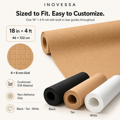 Inovessa custom-fit exercise mats shown in tan, black, tan, and white rolls, with text highlighting 18 in x 4 ft size, 6 x 6 mm grid texture, cushioned EVA material, non-adhesive grip, and available color options.