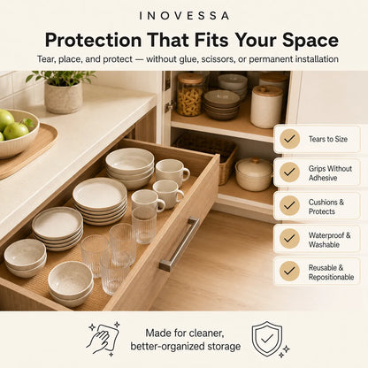 Inovessa protective drawer liner set shown inside an open kitchen drawer with plates, cups, and glassware, with marketing text and feature callouts on a light beige background.